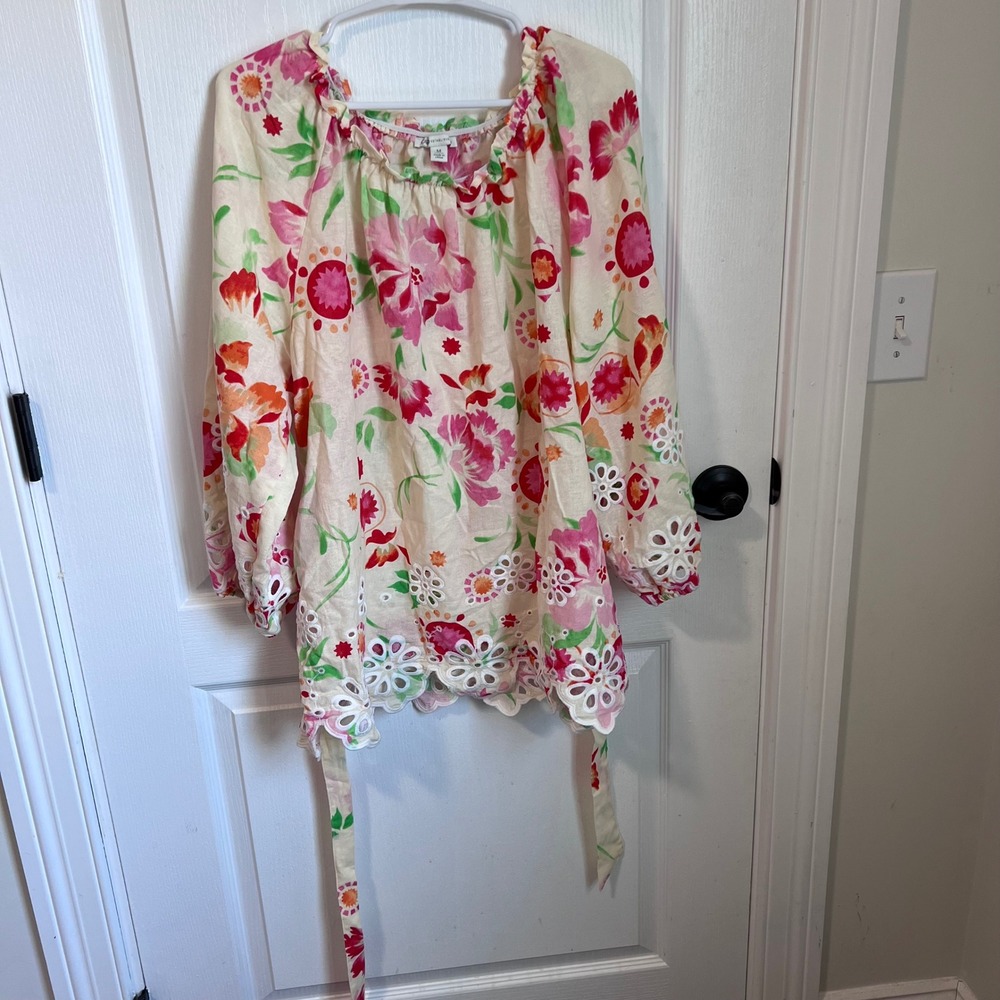 Cato Floral Cotton Peasant Top‎ Pink Orange Eyelet Scallop Hem Boho Blouse M